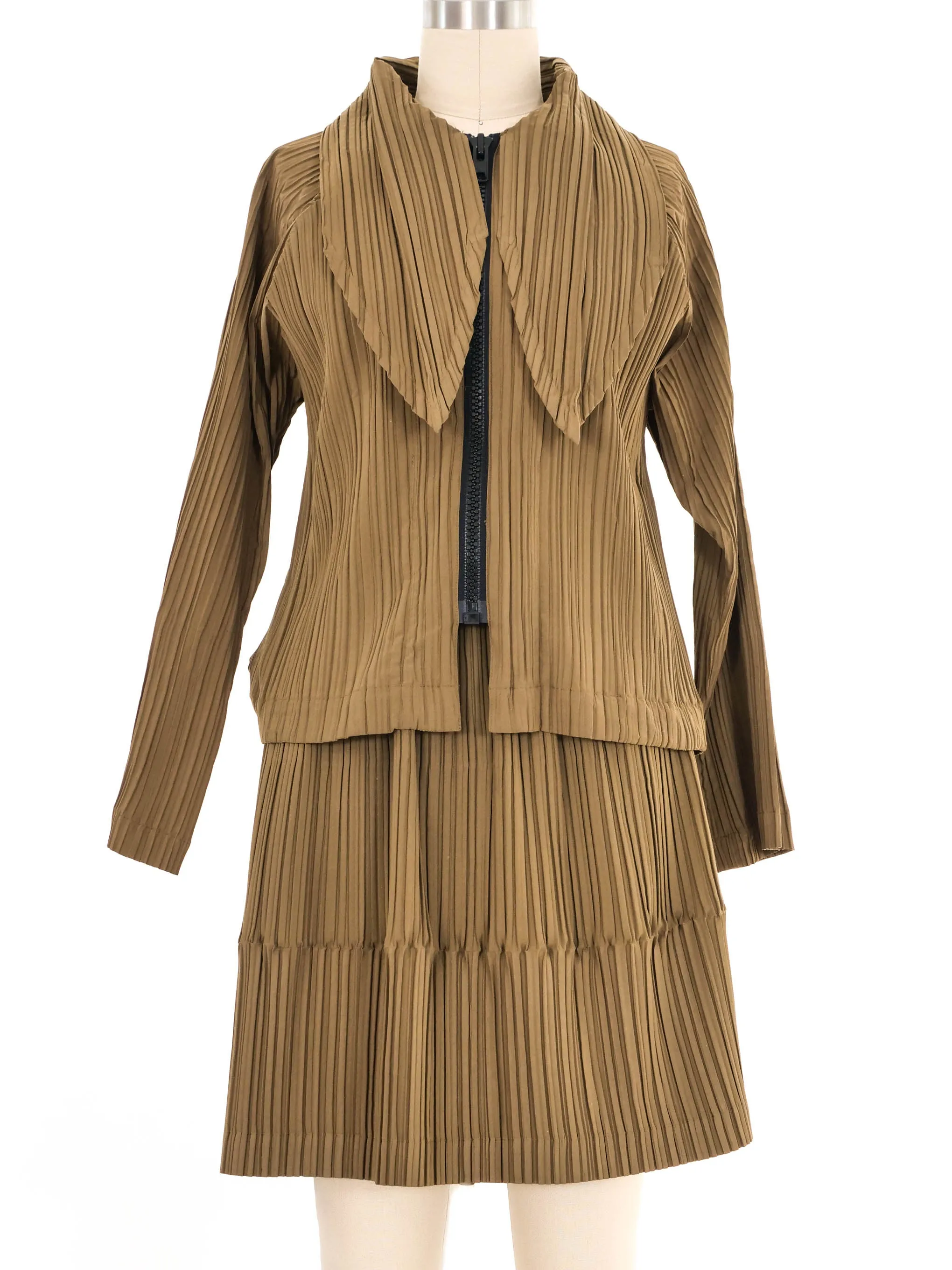 1980s Issey Miyake Pleated Khaki Skirt Ensemble