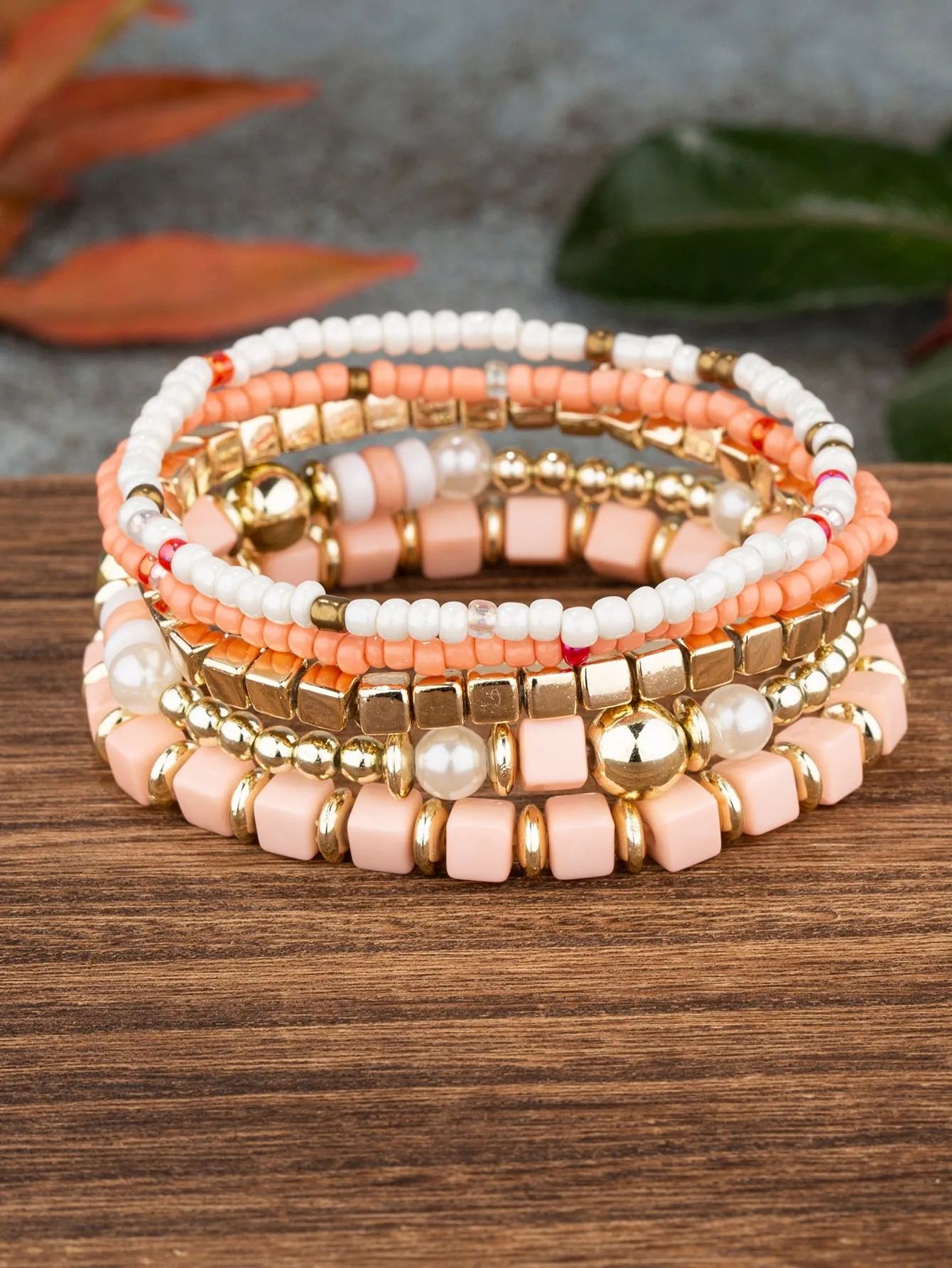 5pcs/set Minimalist Peach Beaded Bracelet Boho Crafted Creative Beads Design