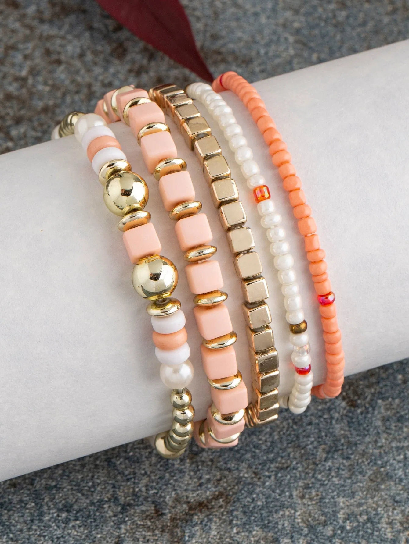 5pcs/set Minimalist Peach Beaded Bracelet Boho Crafted Creative Beads Design