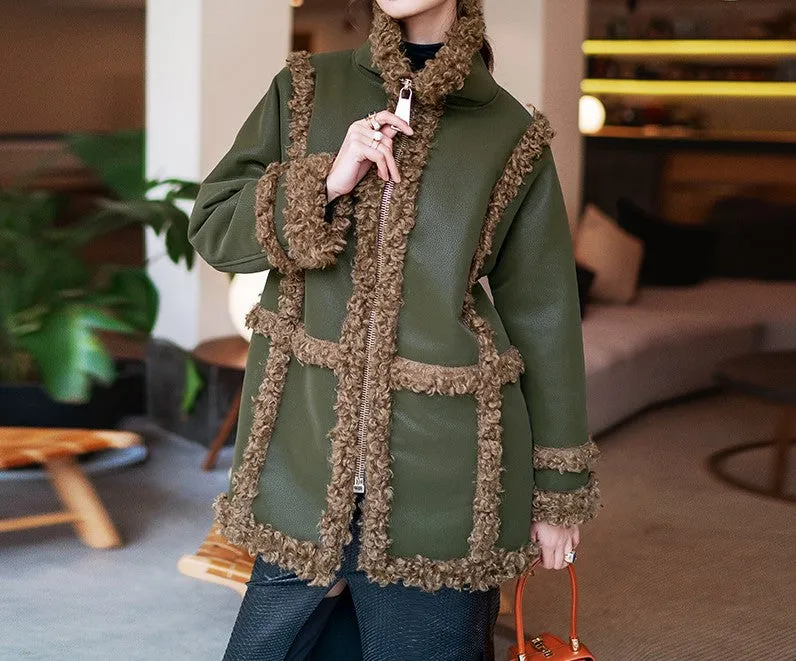 8GIRLS DESIGN FAUX LEATHER COAT WITH TEDDY LINING