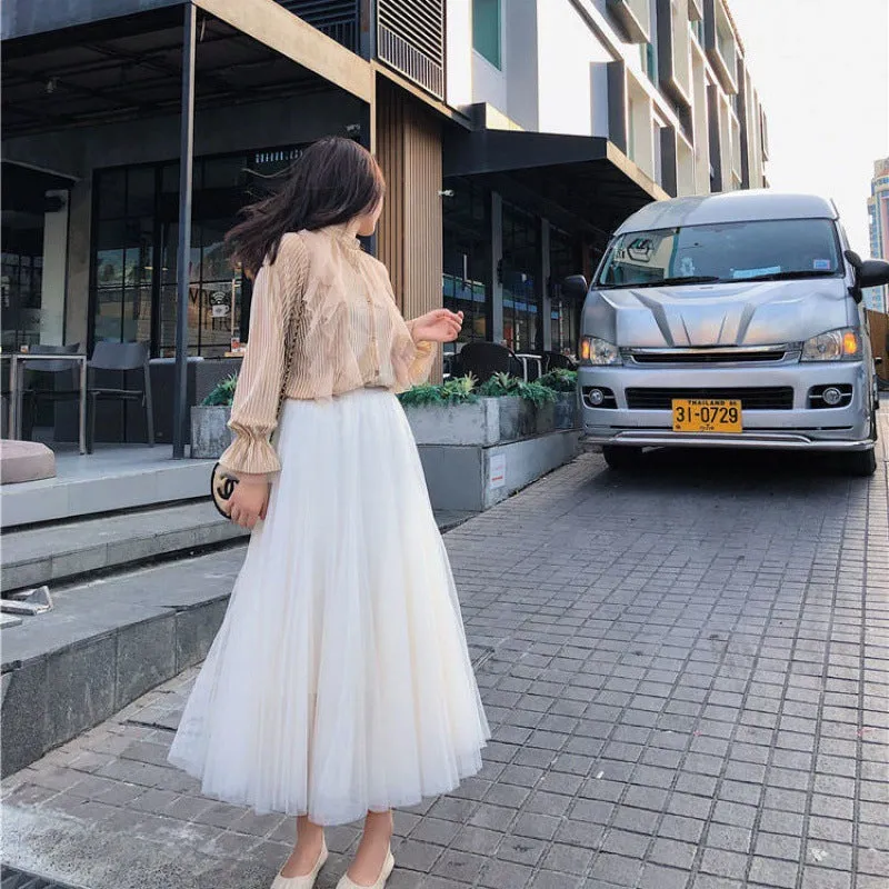 Four Seasons Mesh Skirt Korean Pleated Tutu Skirt