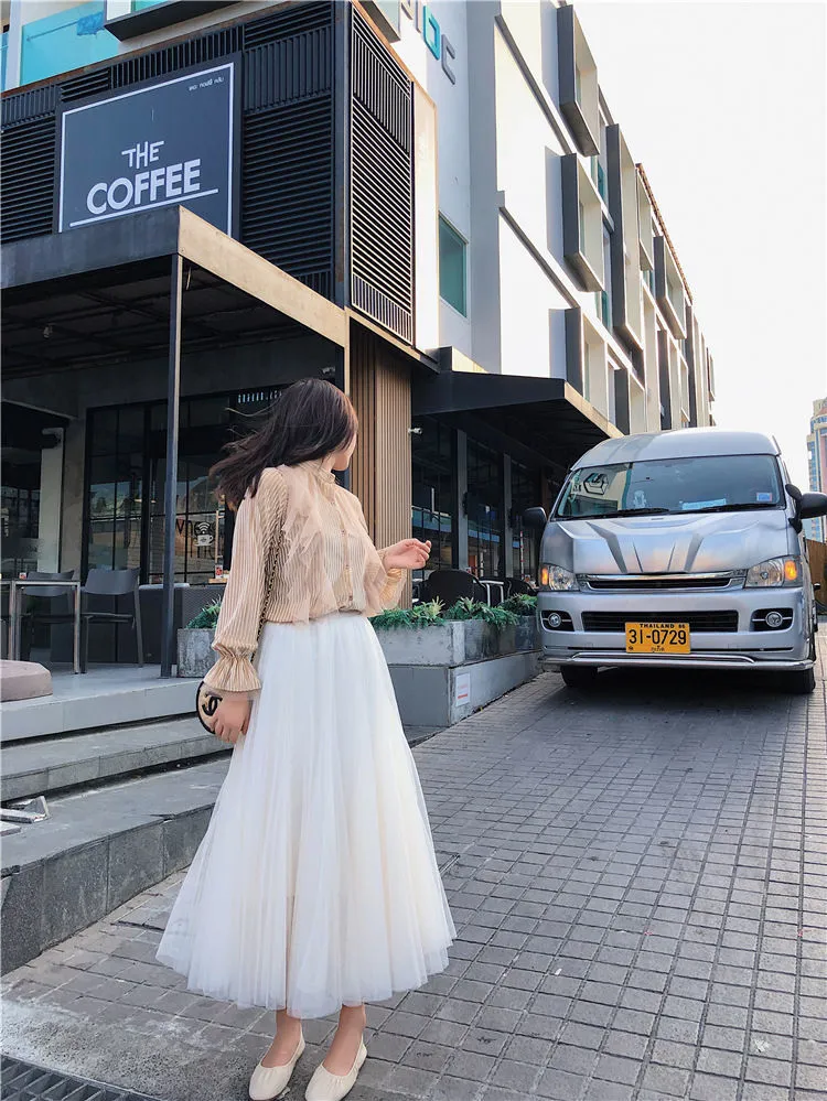 Four Seasons Mesh Skirt Korean Pleated Tutu Skirt