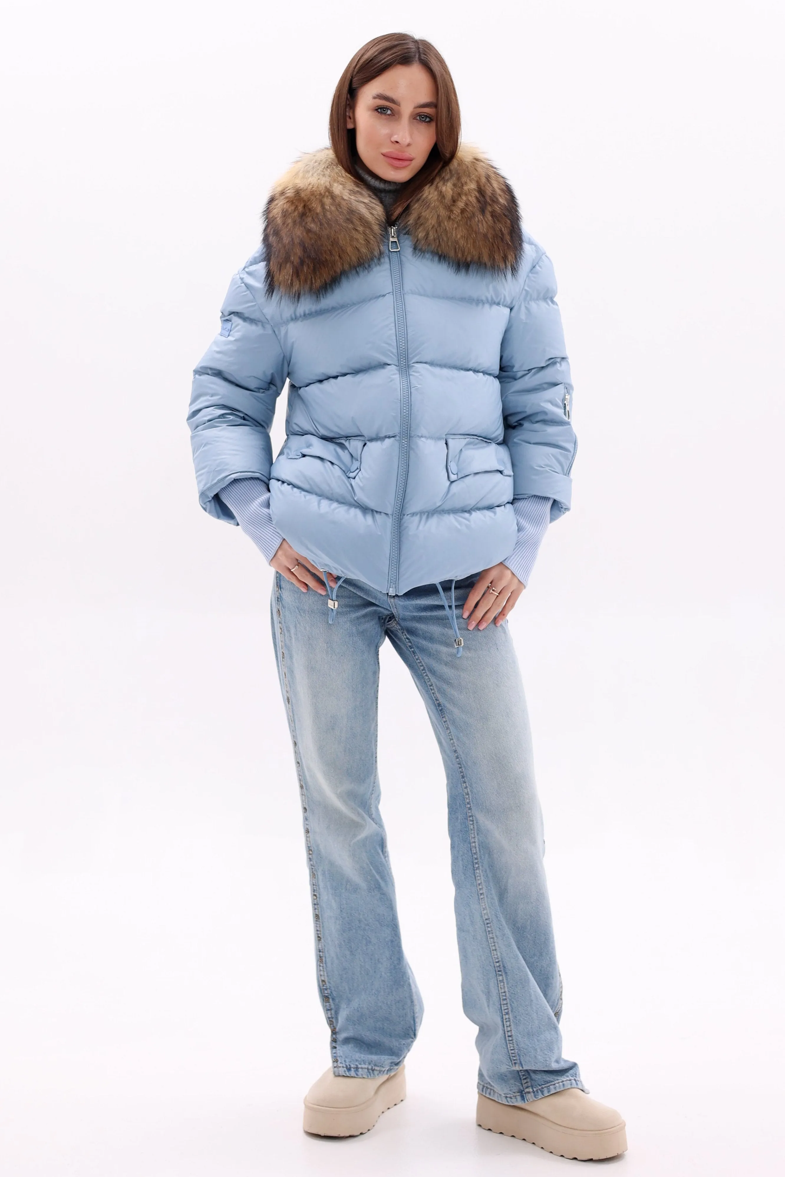 Genuine Fur Trim Down Fill Coat in Blue