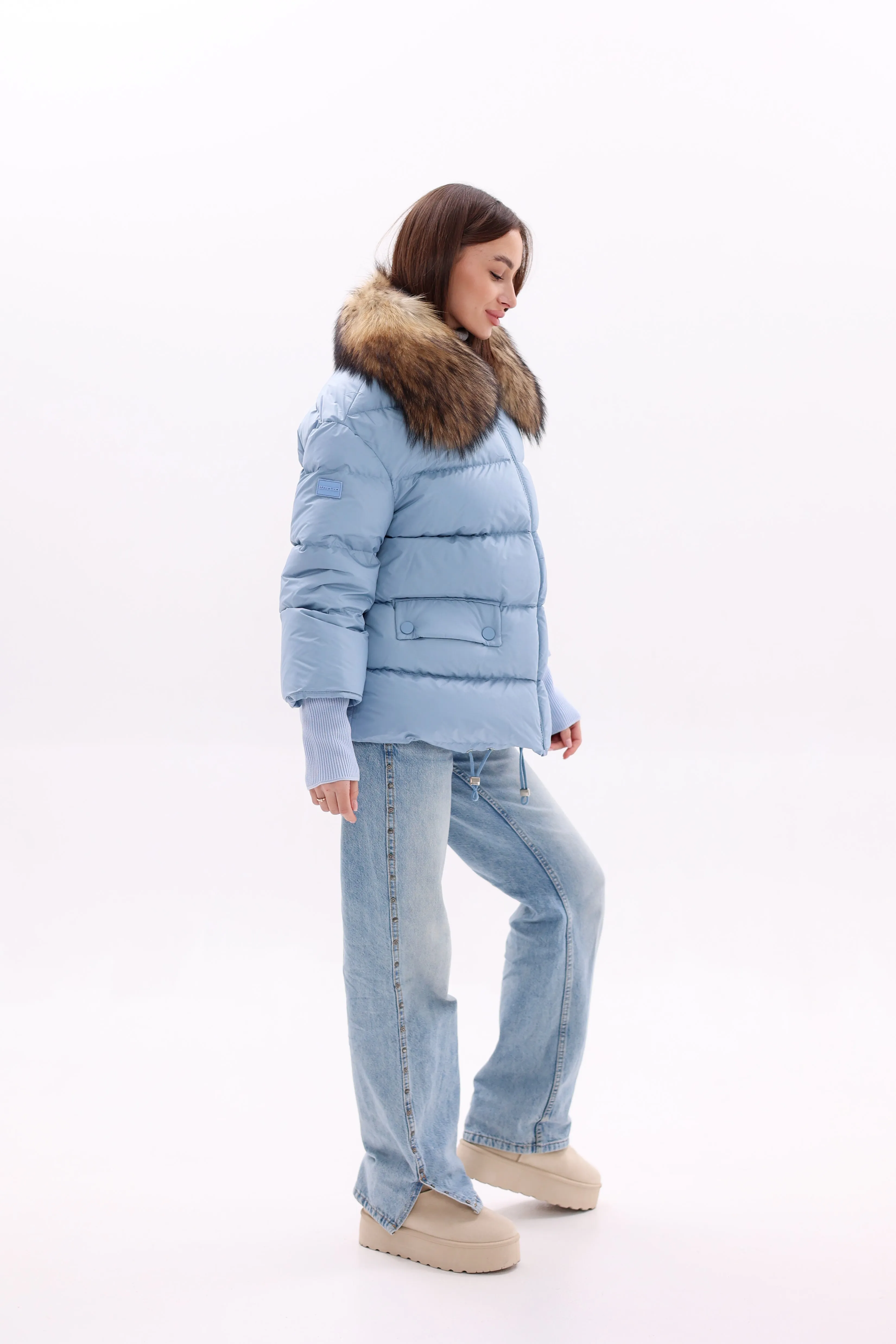 Genuine Fur Trim Down Fill Coat in Blue