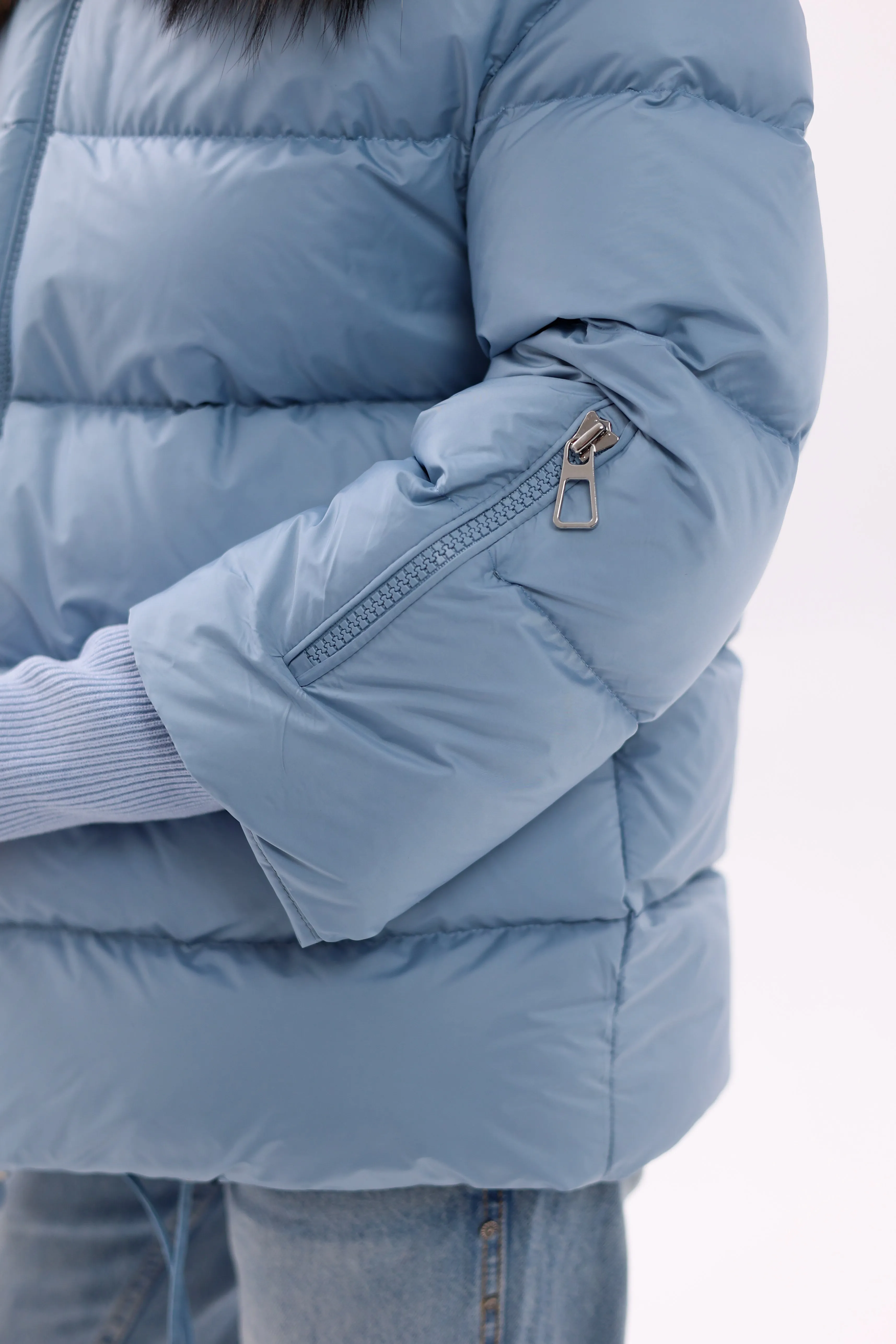 Genuine Fur Trim Down Fill Coat in Blue