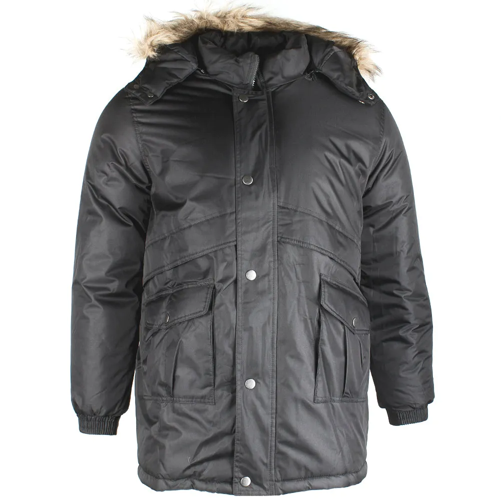 Han Ton Men's Three Quarter Length Faux Fur Trim Hooded Jacket Coat