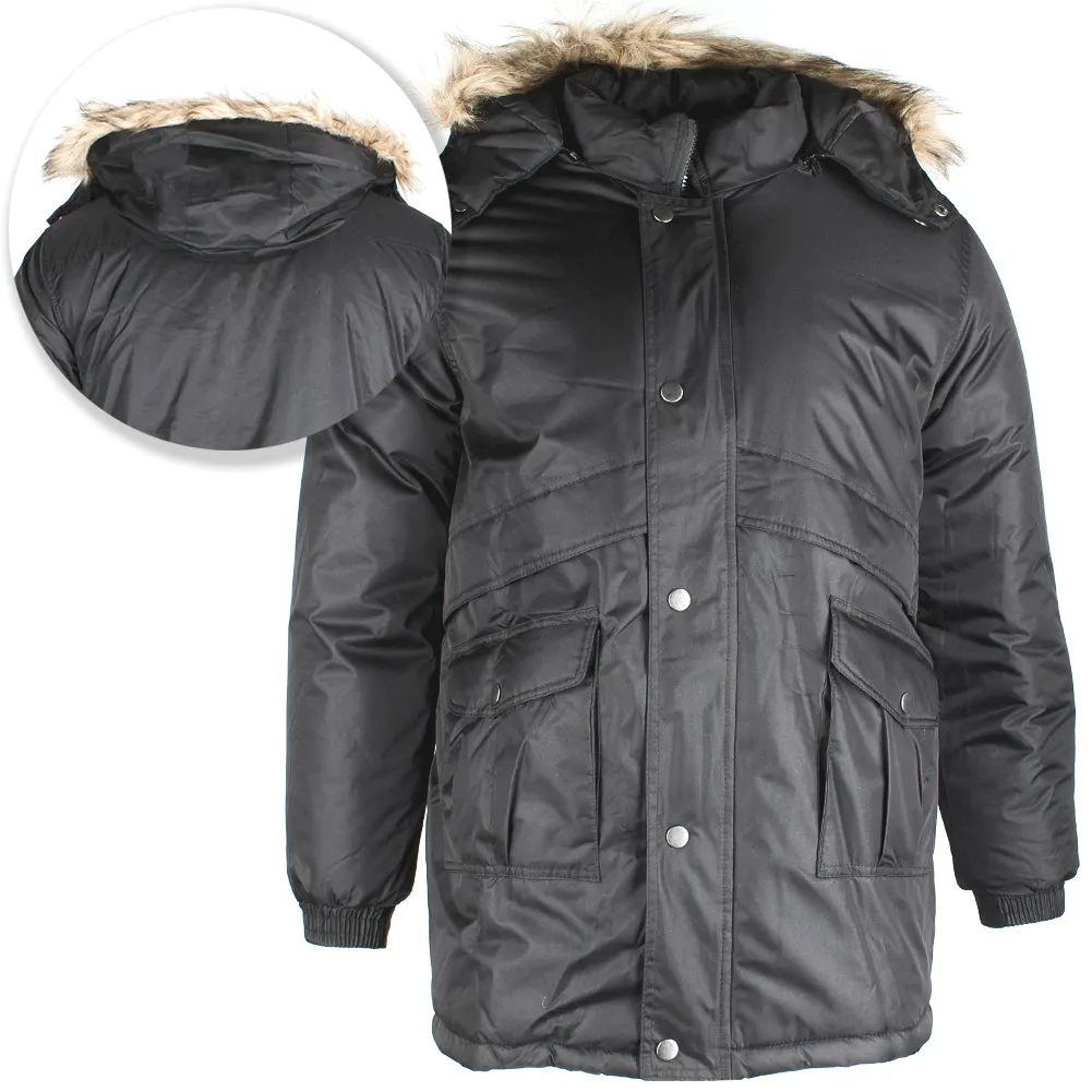 Han Ton Men's Three Quarter Length Faux Fur Trim Hooded Jacket Coat