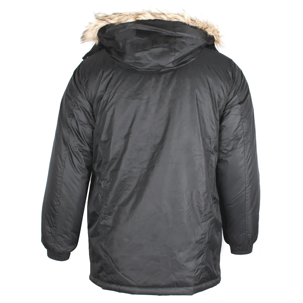 Han Ton Men's Three Quarter Length Faux Fur Trim Hooded Jacket Coat