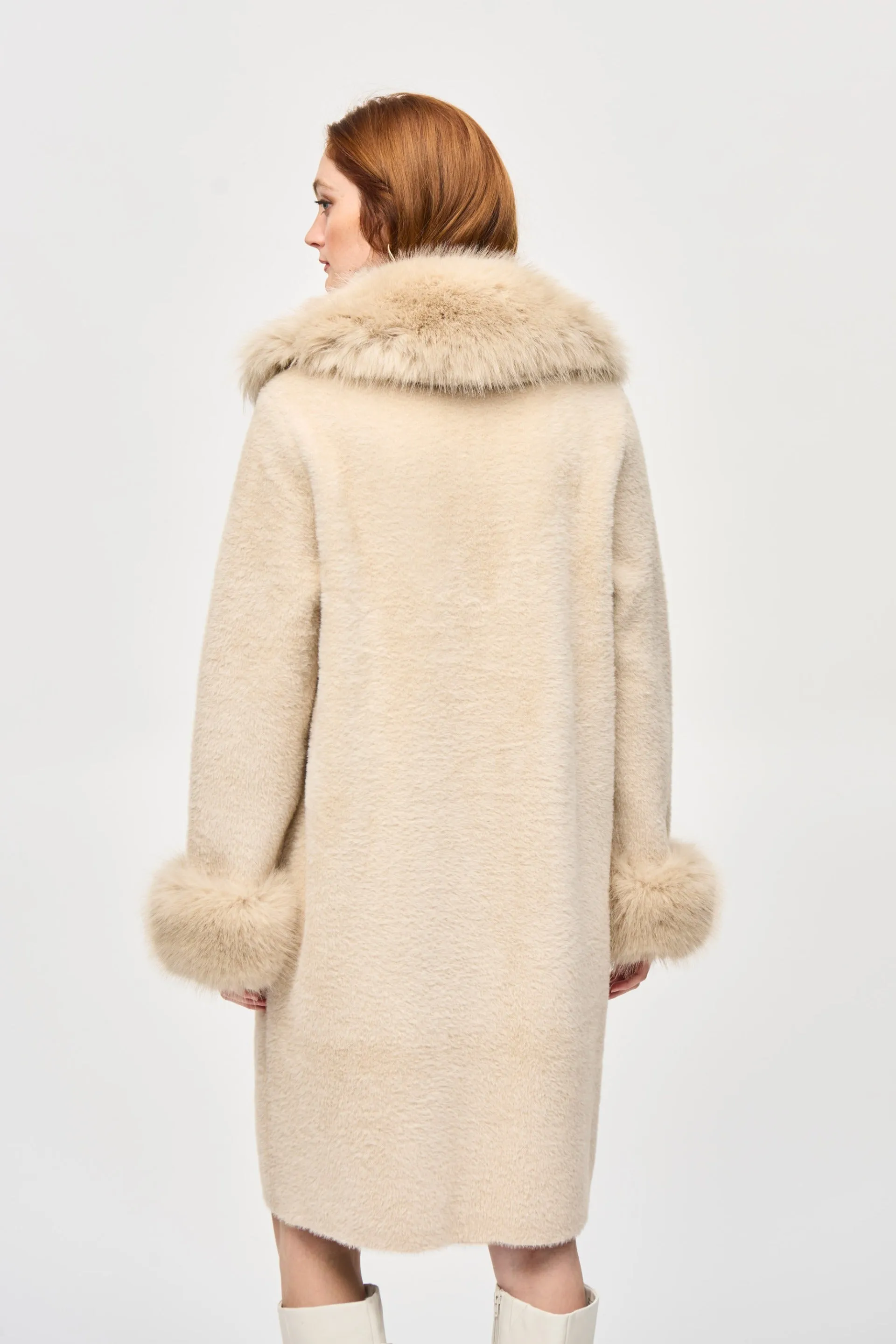 Joseph Ribkoff Champagne Feather Yarn Faux Fur Coat Style 243923