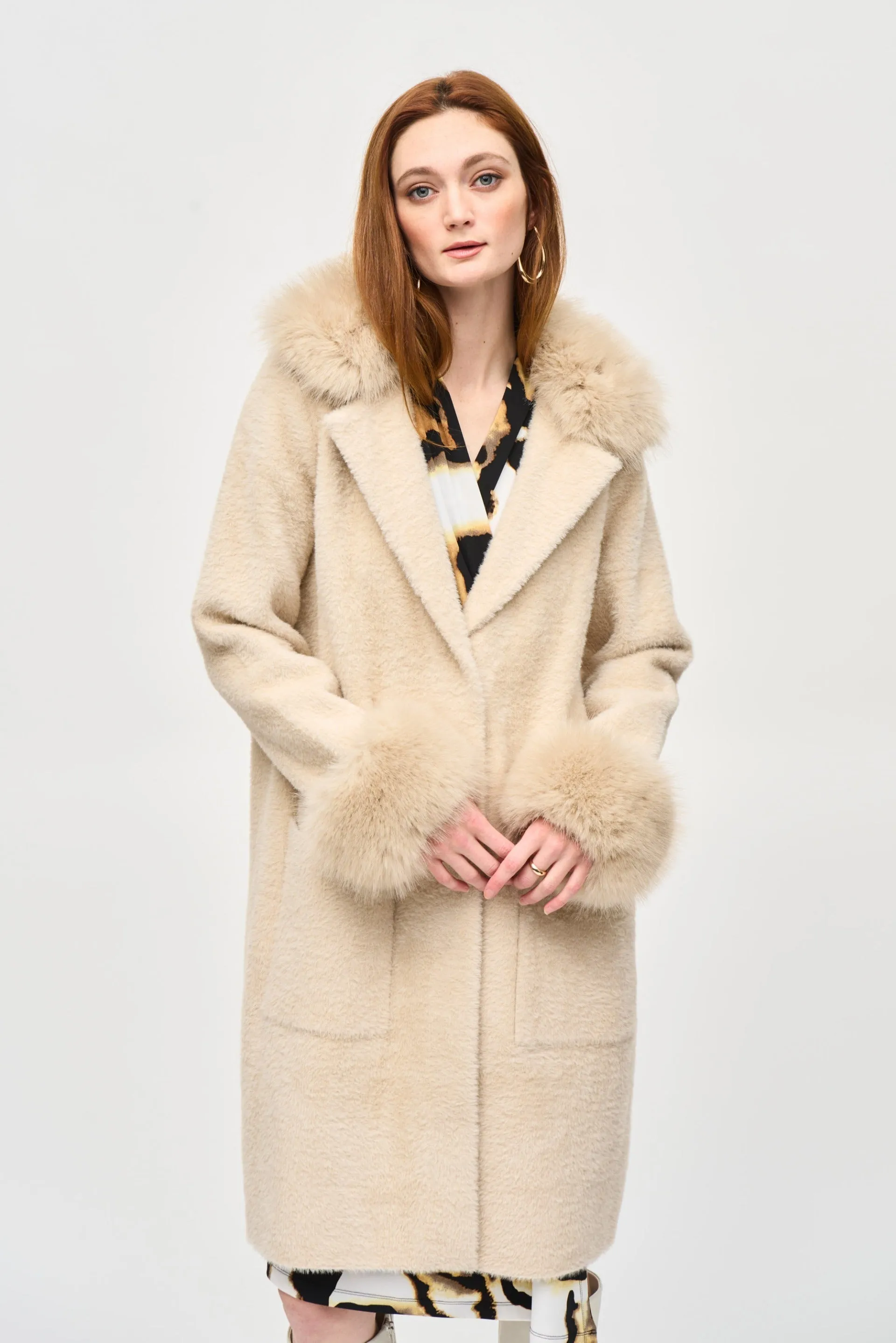Joseph Ribkoff Champagne Feather Yarn Faux Fur Coat Style 243923