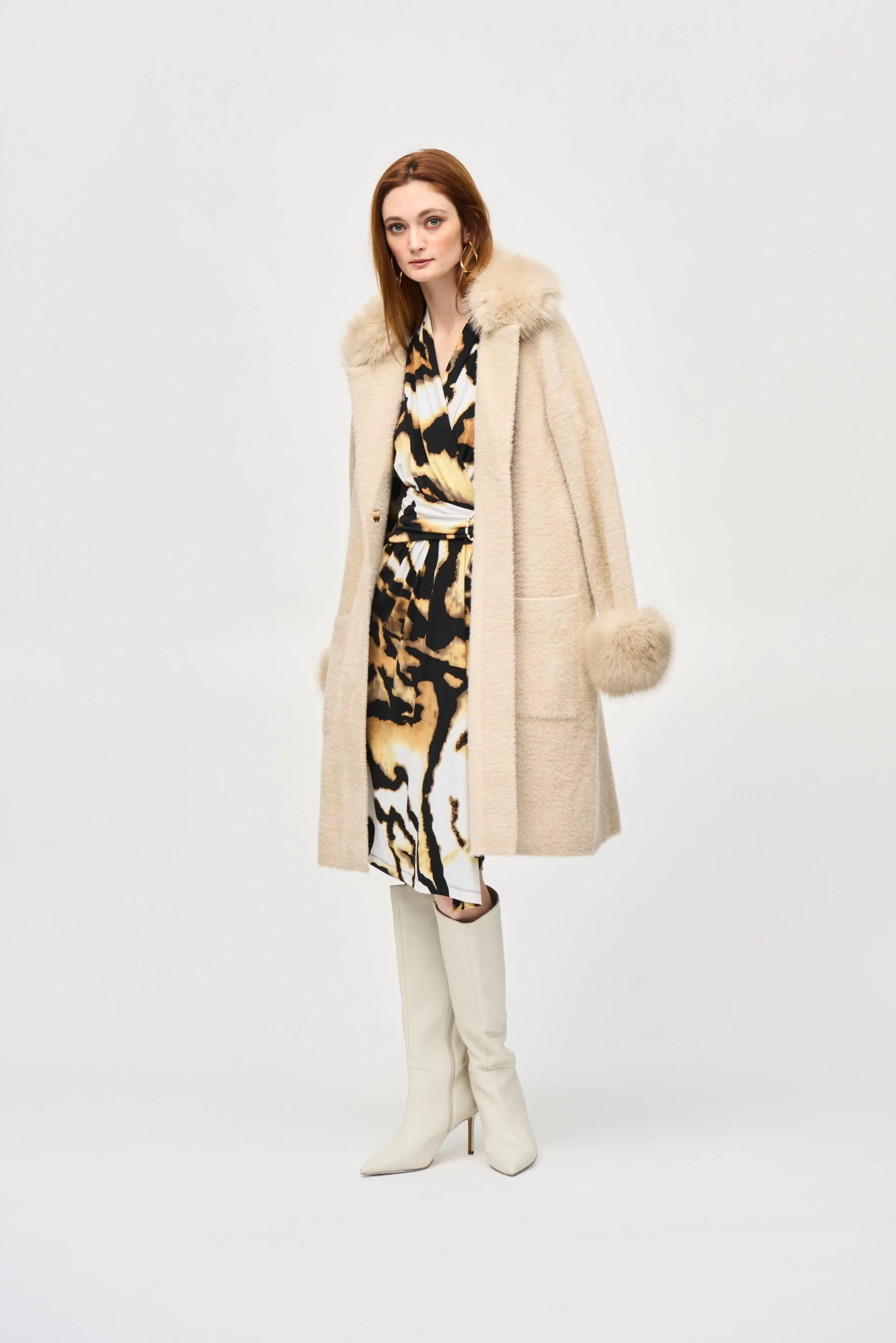 Joseph Ribkoff Champagne Feather Yarn Faux Fur Coat Style 243923