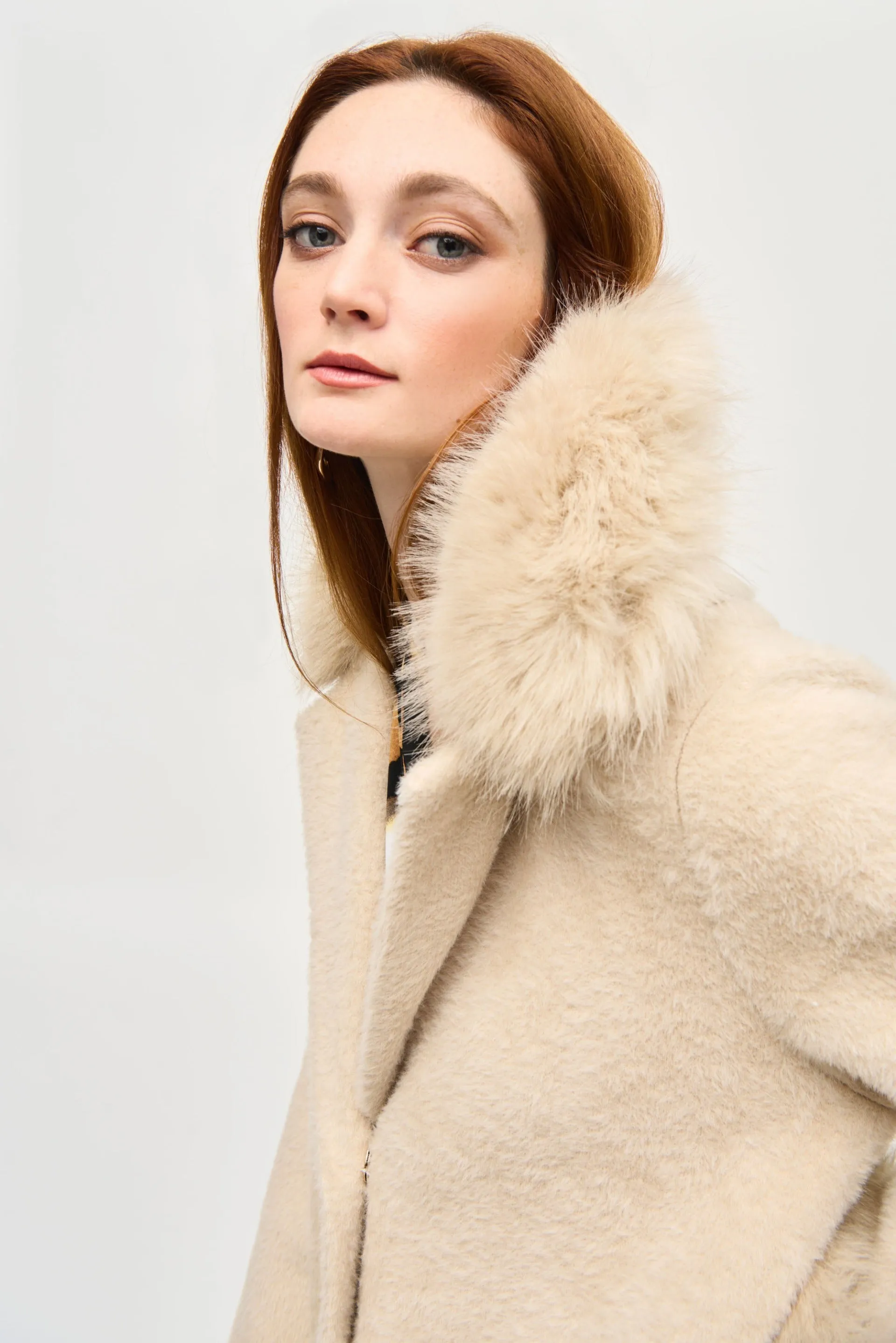 Joseph Ribkoff Champagne Feather Yarn Faux Fur Coat Style 243923