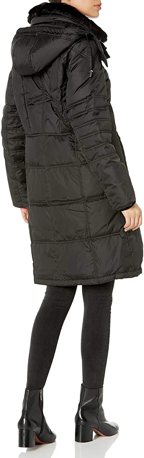 London Fog Women's Chevron Coat with Faux-Fur Trim
