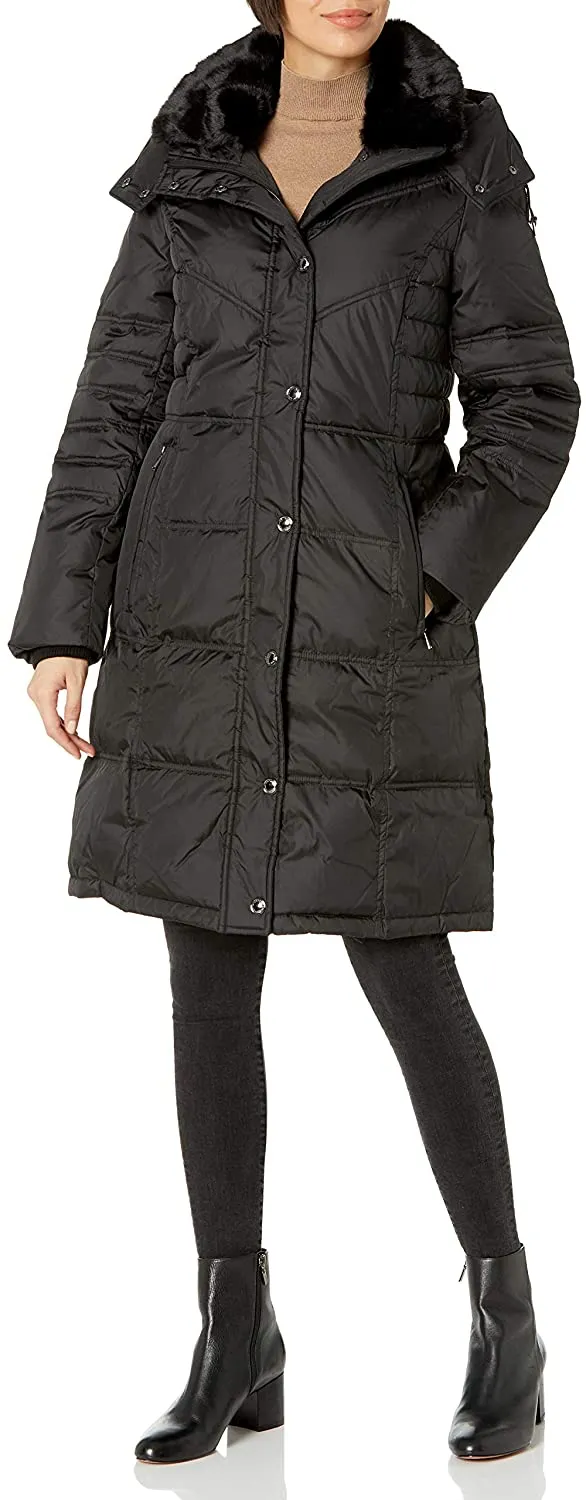 London Fog Women's Chevron Coat with Faux-Fur Trim