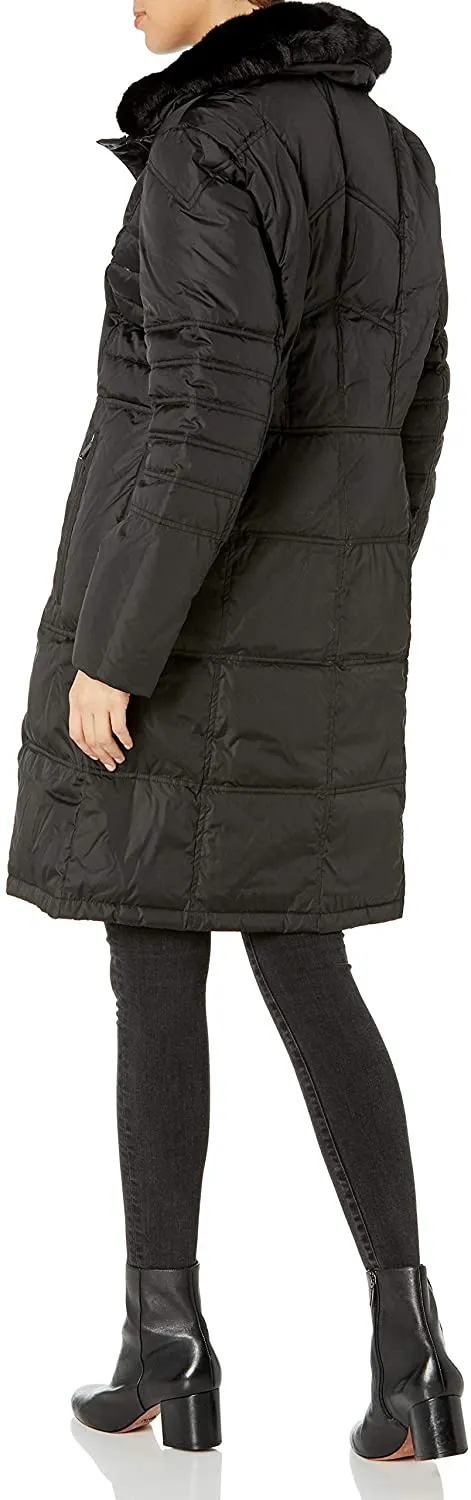 London Fog Women's Chevron Coat with Faux-Fur Trim