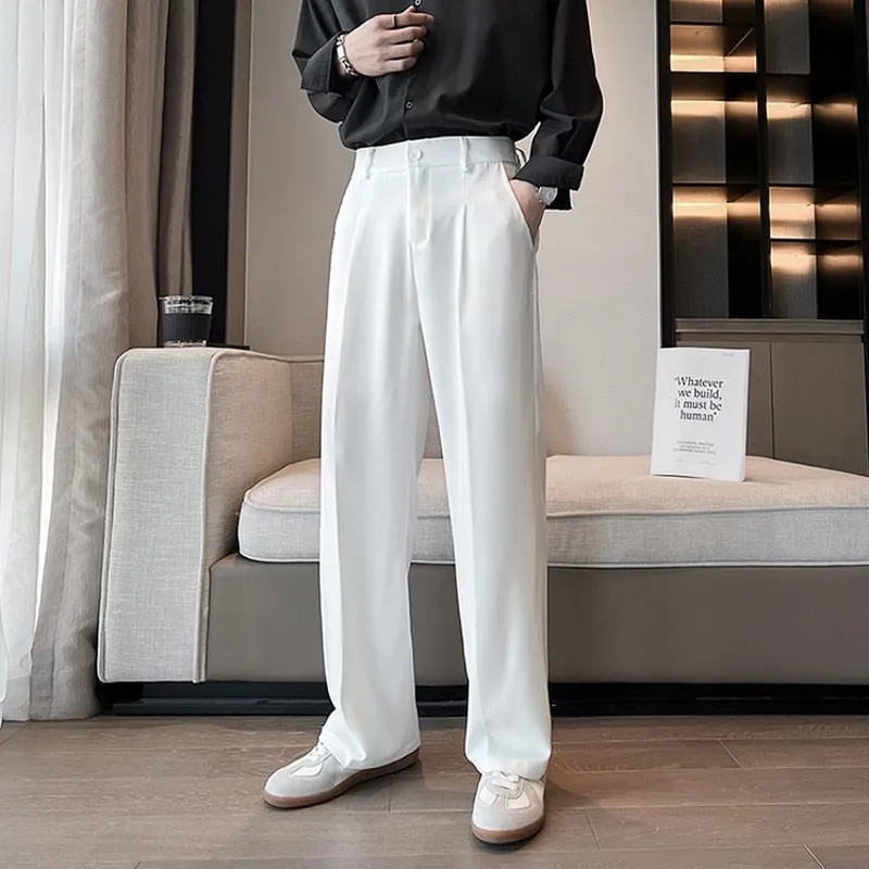 Men Suit Pants Solid Full Baggy Casual Wide Leg Trousers High Waist
