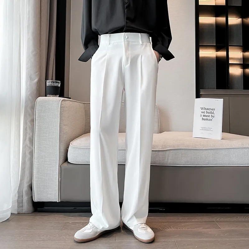 Men Suit Pants Solid Full Baggy Casual Wide Leg Trousers High Waist