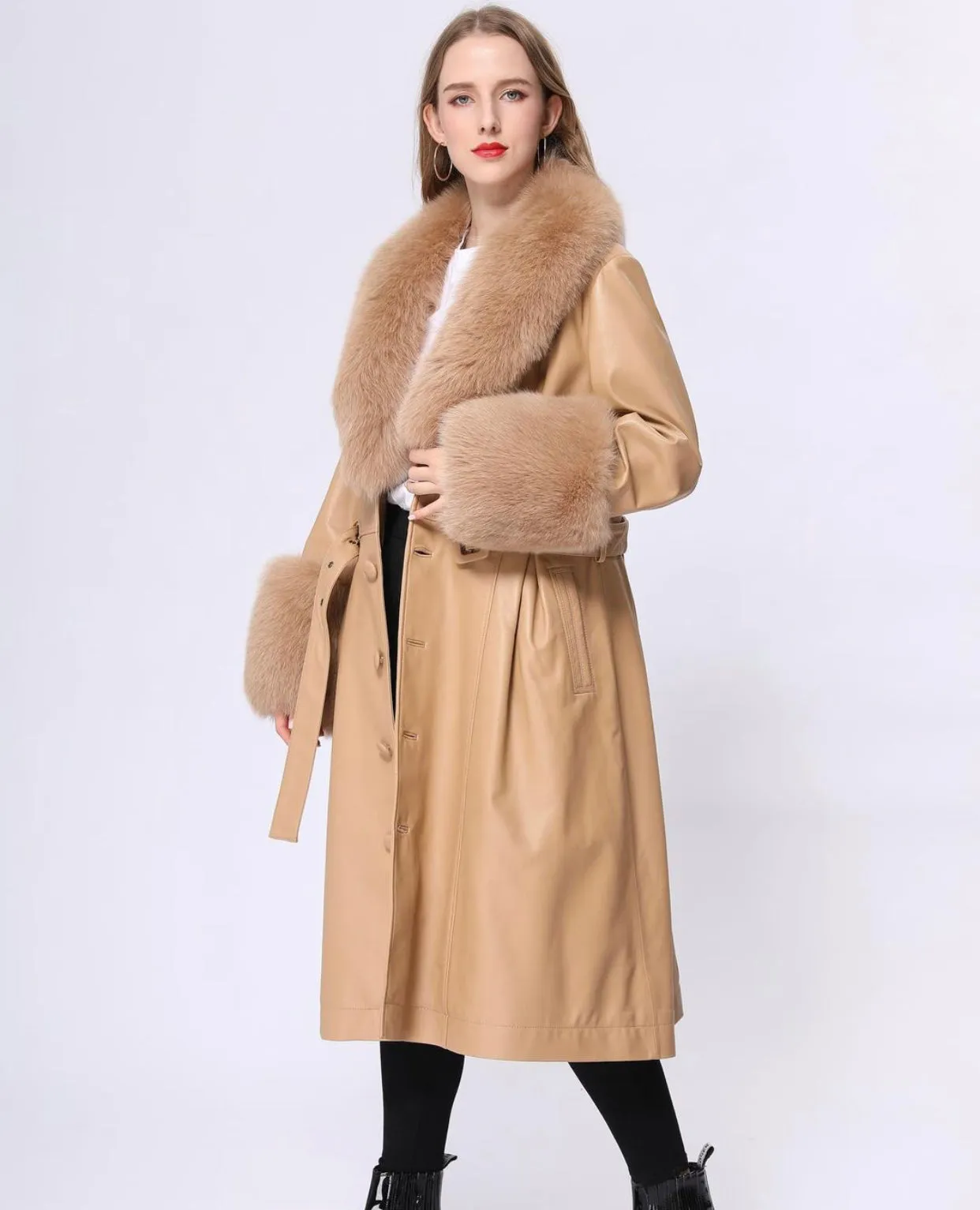 MI LOVES SIGNATURE Luxurious leather trench coat with Synthetic fur trim/cuffs