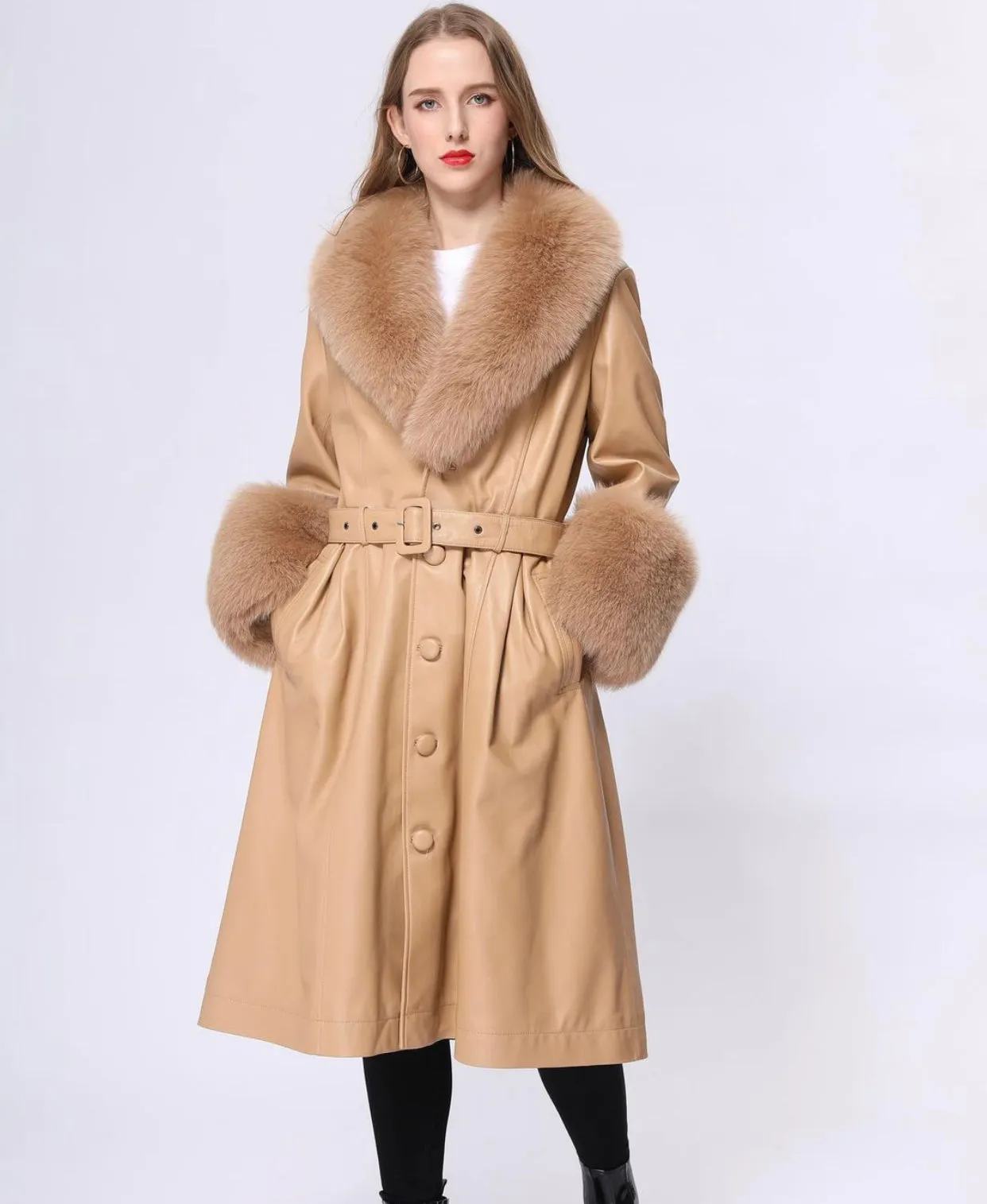 MI LOVES SIGNATURE Luxurious leather trench coat with Synthetic fur trim/cuffs