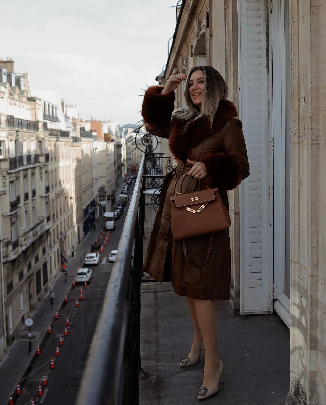 MI LOVES SIGNATURE Luxurious leather trench coat with Synthetic fur trim/cuffs