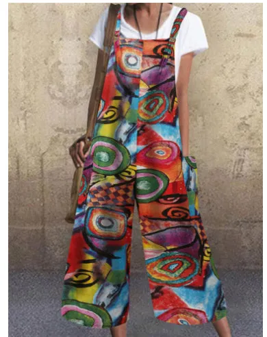 Patchwork Printed Button Suspender Jumpsuit