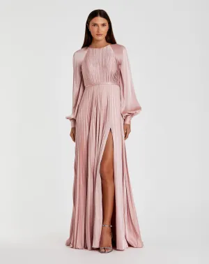 Pleated High Neck Raglan Long Sleeve Side Slit Gown