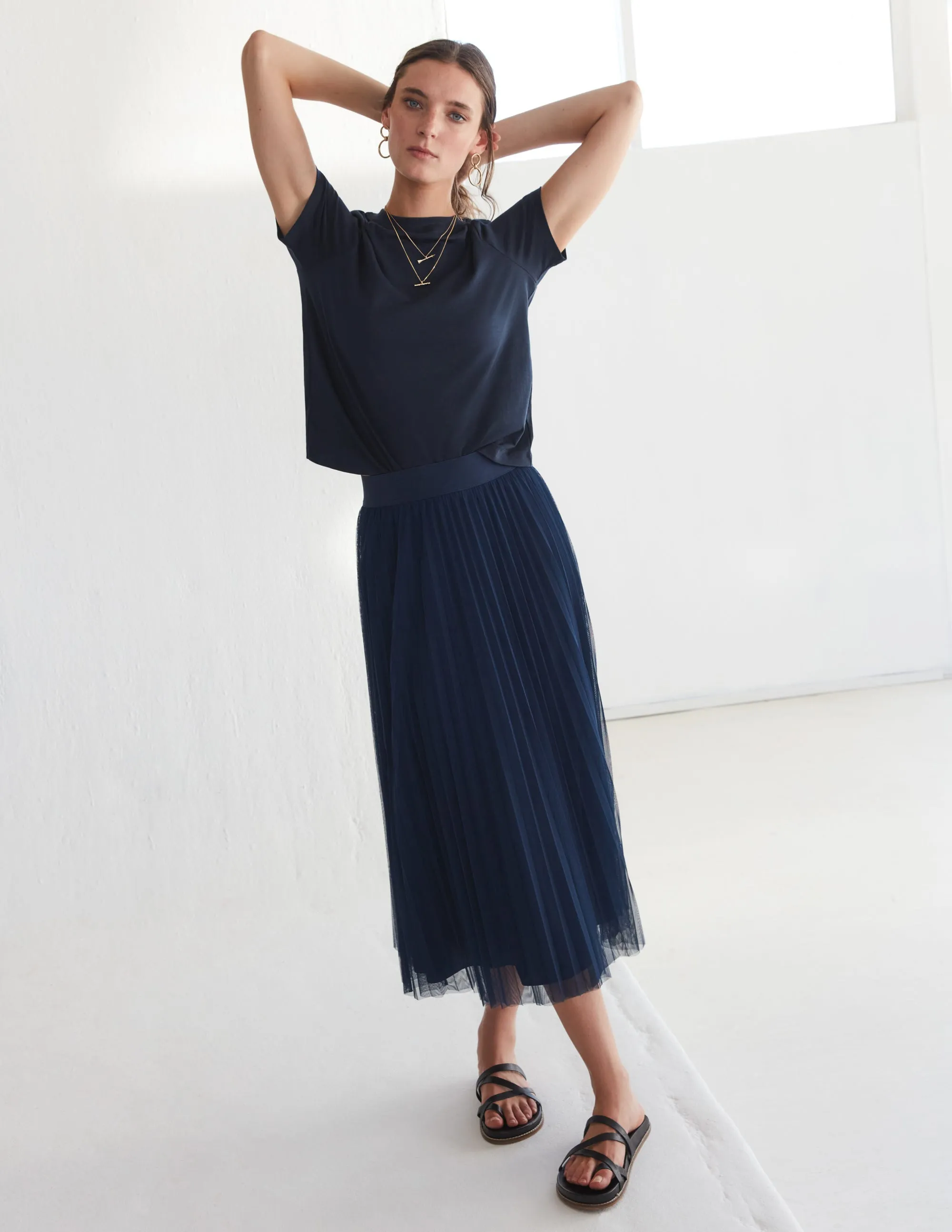 Pleated Tulle Skirt-Navy