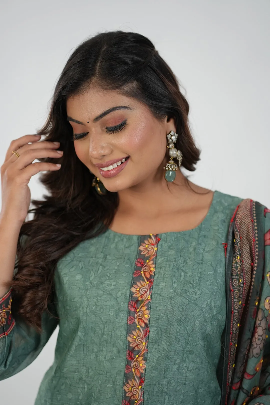 Satrangi Women's Green Printed Dress & Green Pant Set in CHANDERI