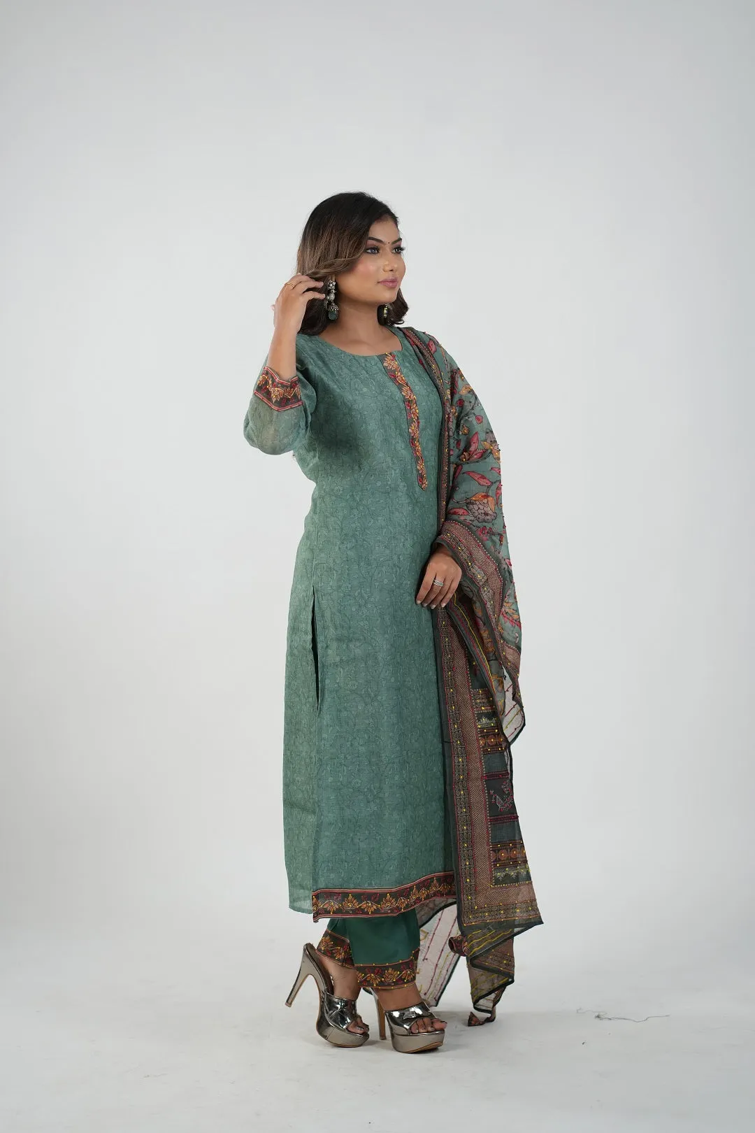 Satrangi Women's Green Printed Dress & Green Pant Set in CHANDERI