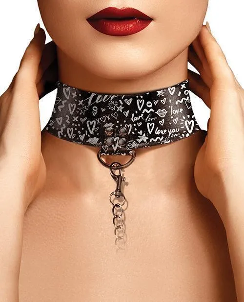 Shots Ouch Love Street Art Fashion Printed Collar W-leash - Black