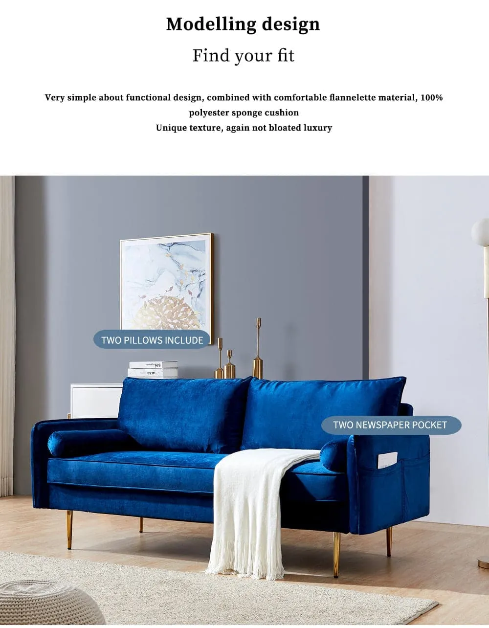 TFC&H Co. Velvet Fabric Sofa w/ Pocket - 71‘’Blue- Ships from The US