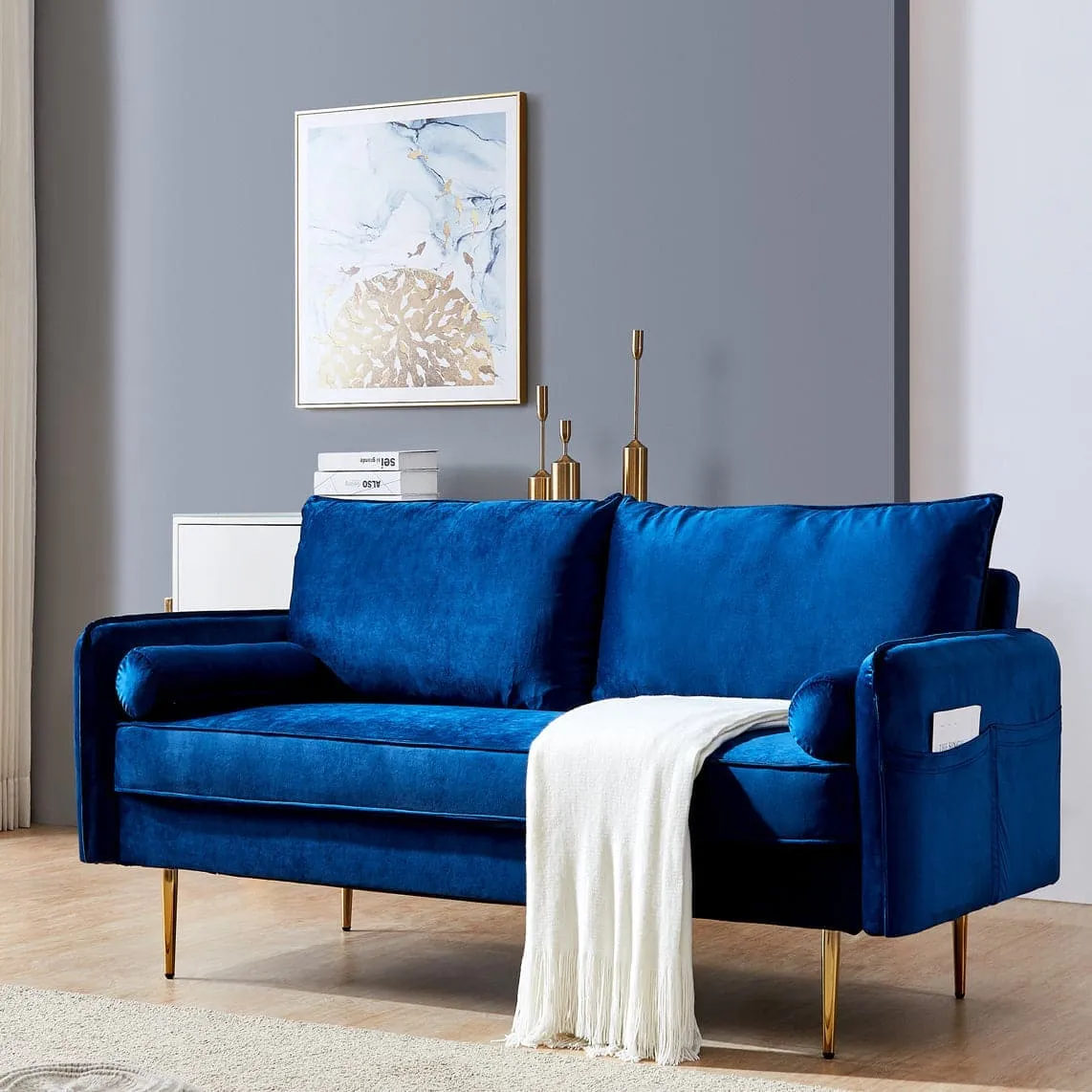TFC&H Co. Velvet Fabric Sofa w/ Pocket - 71‘’Blue- Ships from The US