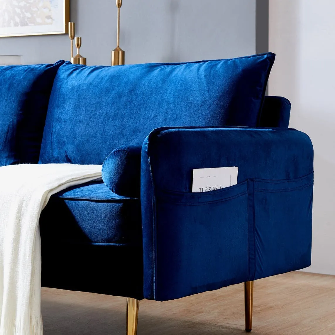 TFC&H Co. Velvet Fabric Sofa w/ Pocket - 71‘’Blue- Ships from The US