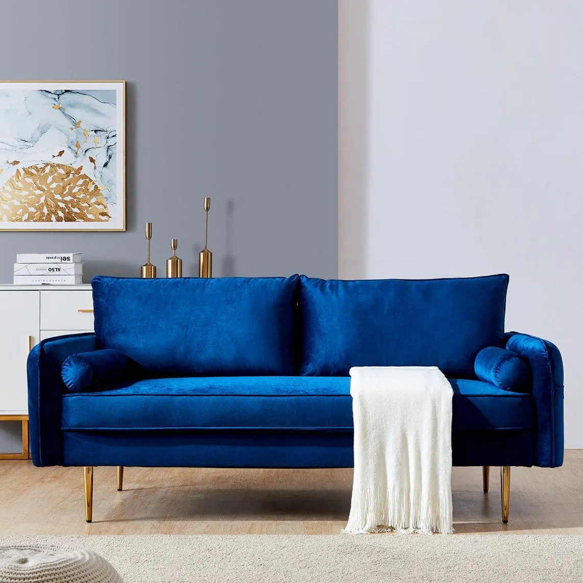 TFC&H Co. Velvet Fabric Sofa w/ Pocket - 71‘’Blue- Ships from The US