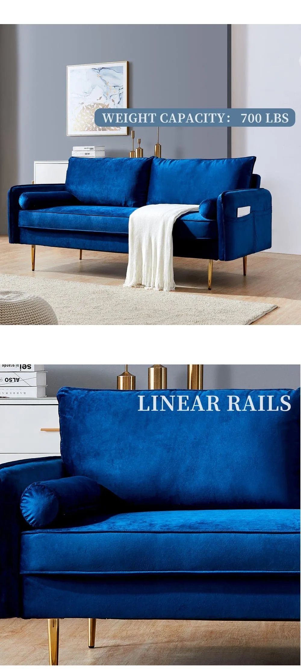 TFC&H Co. Velvet Fabric Sofa w/ Pocket - 71‘’Blue- Ships from The US