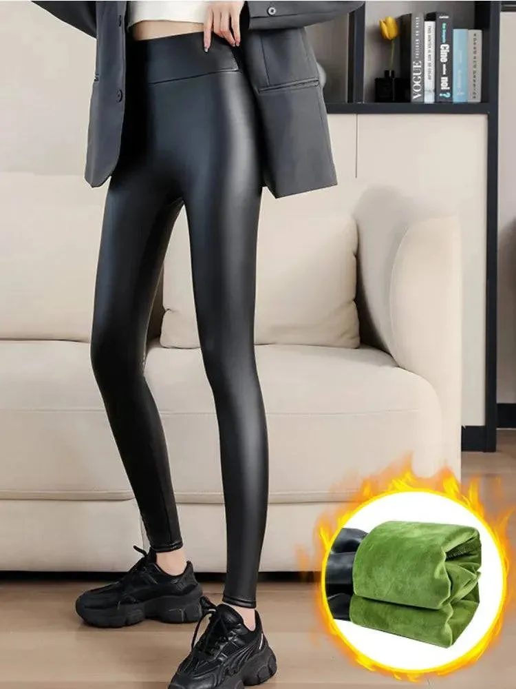 Winter High Waist Faux Leather Leggings for Women - Stay Warm and Stylish